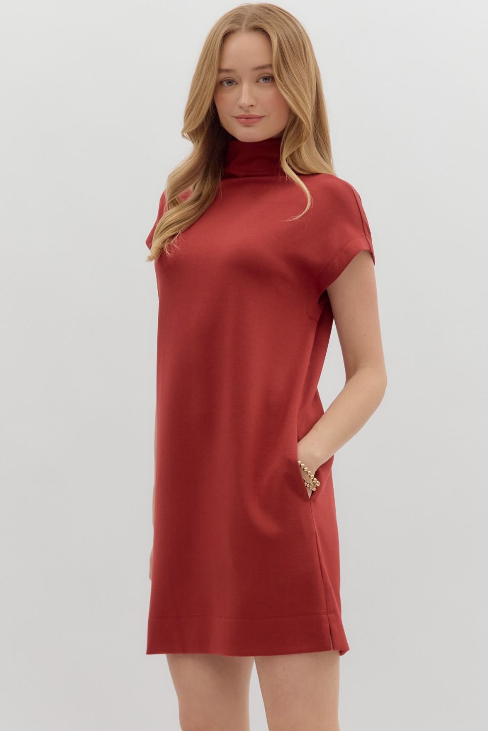 Solid Jersey Mock Neck Dress | Brick