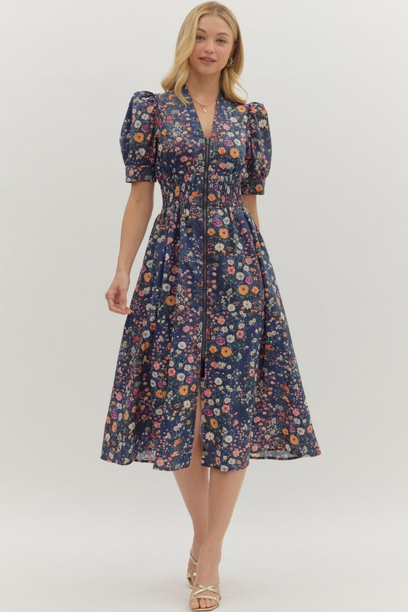 Floral Cotton Midi Zip Dress | Navy
