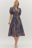 Floral Cotton Midi Zip Dress | Navy