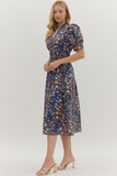 Floral Cotton Midi Zip Dress | Navy