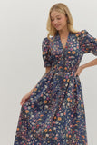 Floral Cotton Midi Zip Dress | Navy