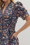 Floral Cotton Midi Zip Dress | Navy