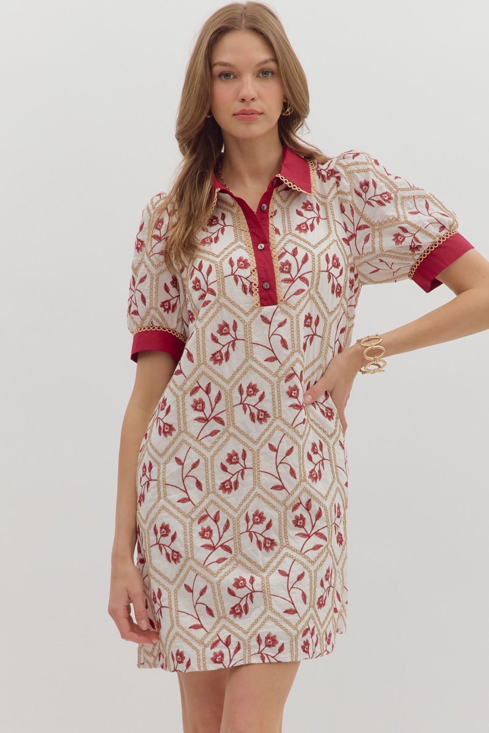 Floral Contrast Band Dress | Brick