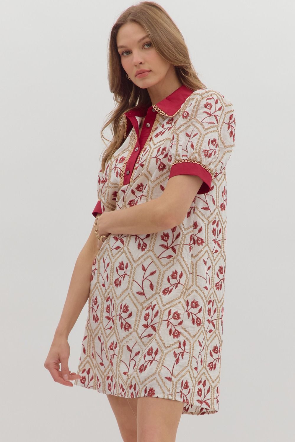 Floral Contrast Band Dress | Brick