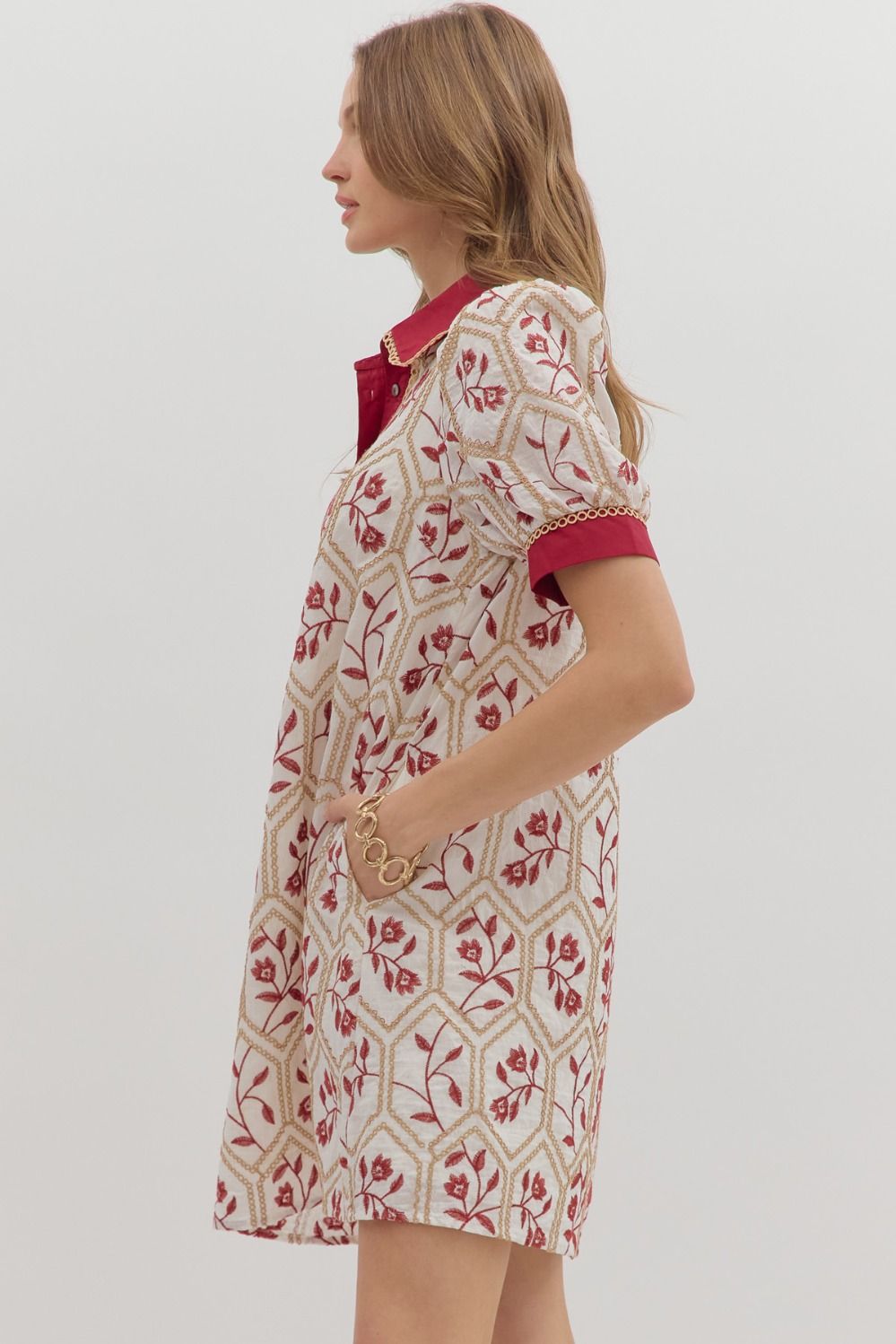 Floral Contrast Band Dress | Brick