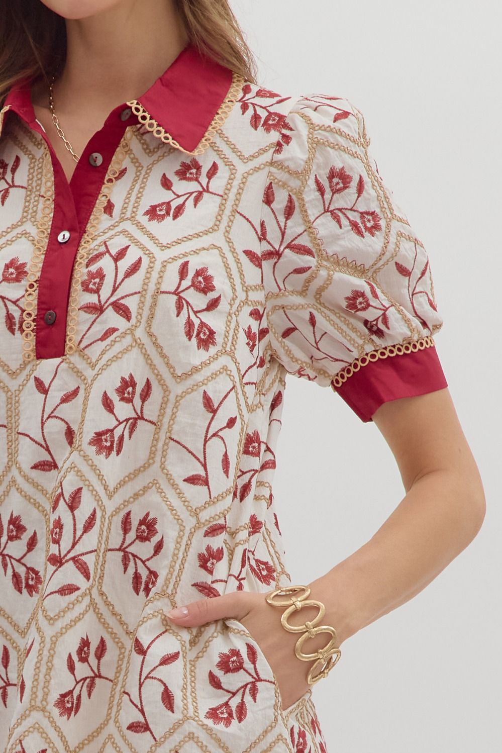 Floral Contrast Band Dress | Brick