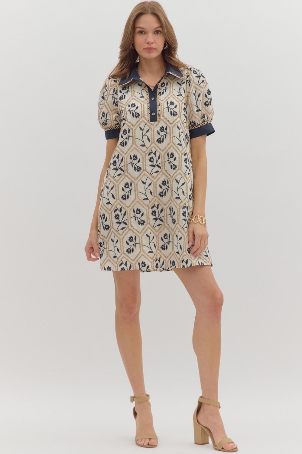 Floral Contrast Band Dress | Navy