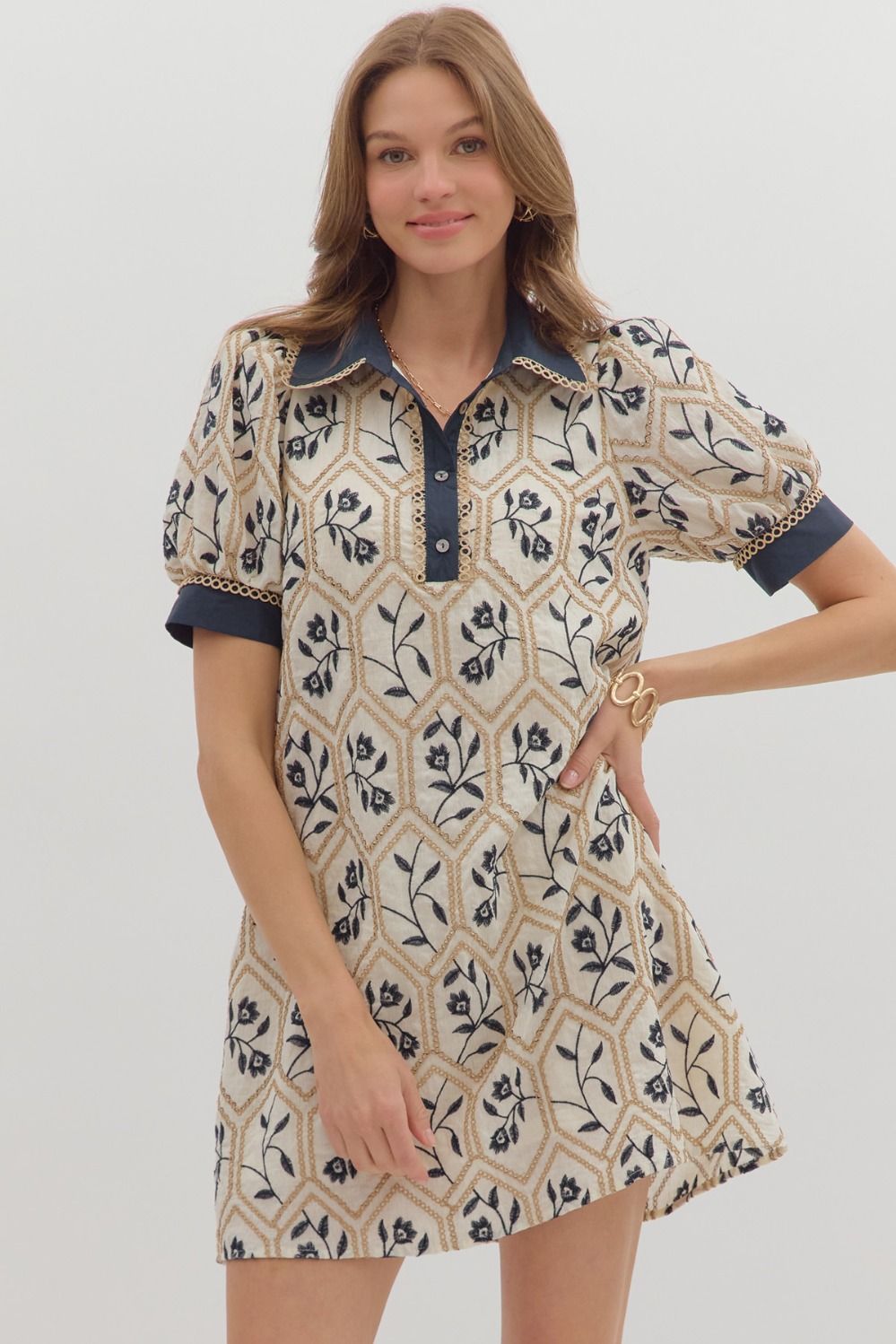 Floral Contrast Band Dress | Navy