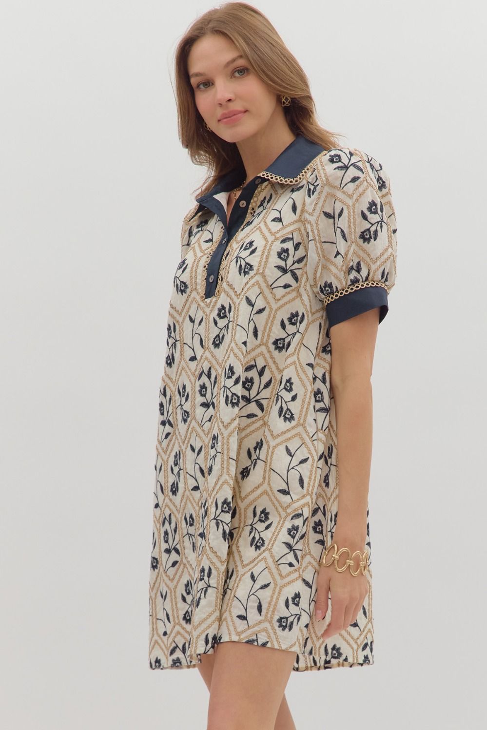 Floral Contrast Band Dress | Navy