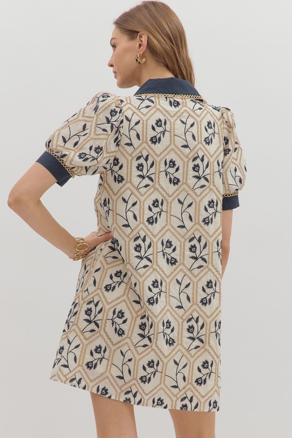 Floral Contrast Band Dress | Navy