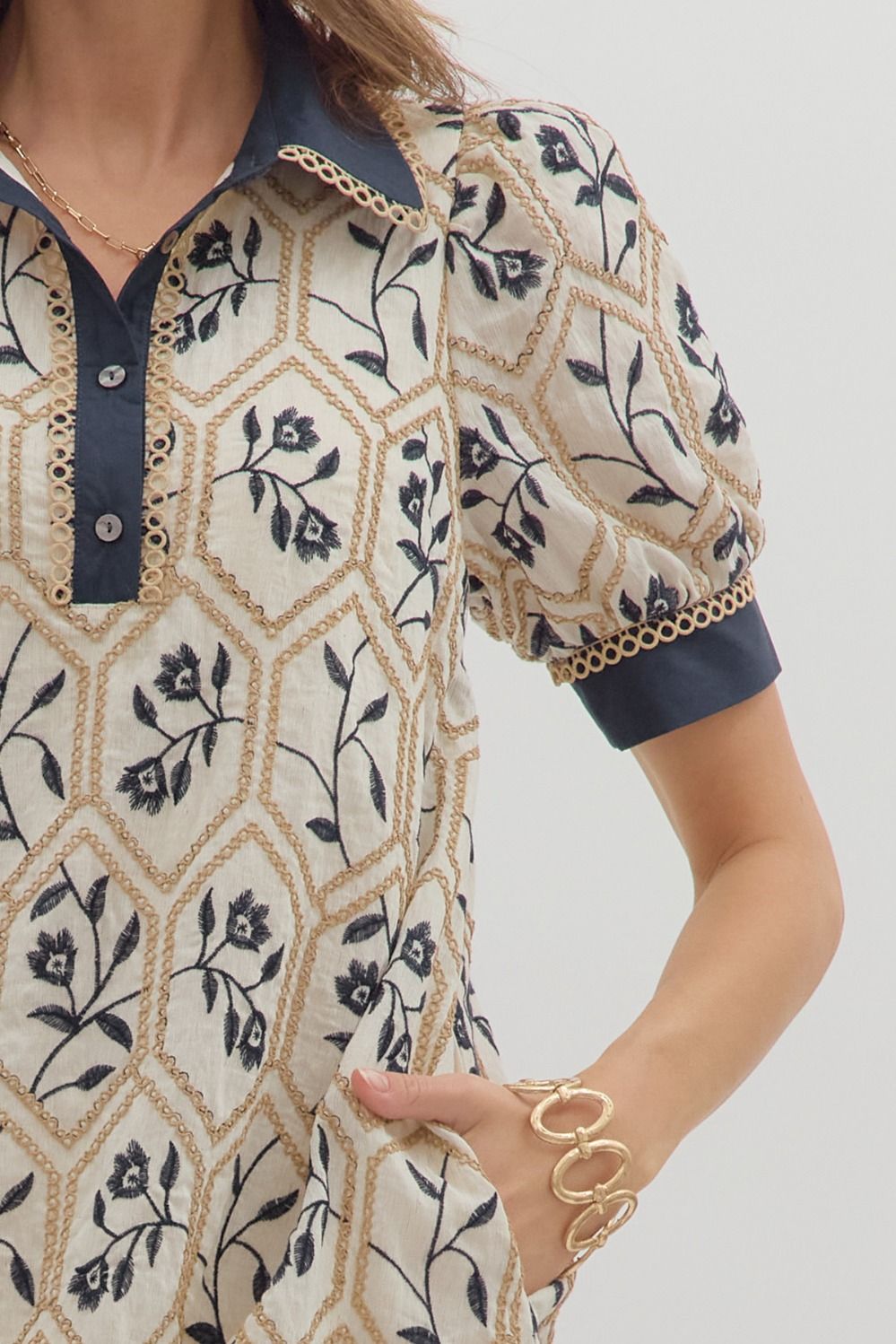 Floral Contrast Band Dress | Navy