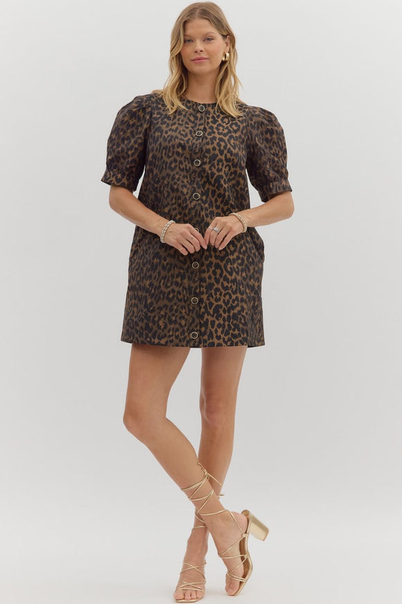 Leopard Cuff Band Pleat Dress | Brown