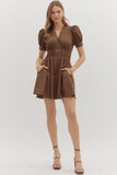 Smocked Waist Front Zip Dress | Brown
