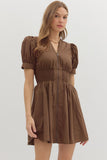 Smocked Waist Front Zip Dress | Brown
