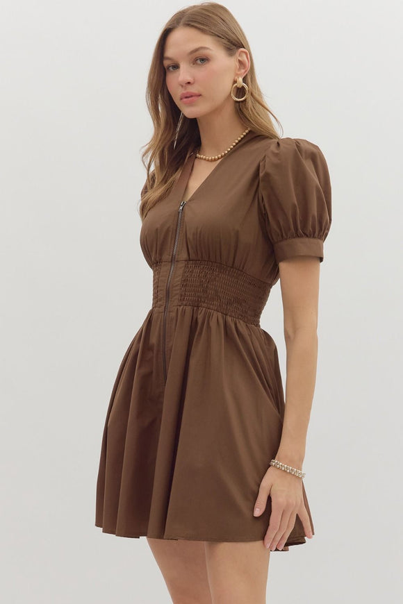 Smocked Waist Front Zip Dress | Brown