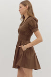 Smocked Waist Front Zip Dress | Brown