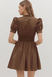 Smocked Waist Front Zip Dress | Brown