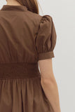 Smocked Waist Front Zip Dress | Brown