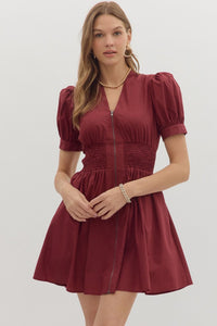 Smocked Waist Front Zip Dress | Burgundy