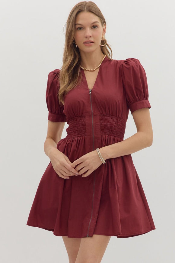 Smocked Waist Front Zip Dress | Burgundy