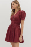Smocked Waist Front Zip Dress | Burgundy