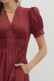 Smocked Waist Front Zip Dress | Burgundy