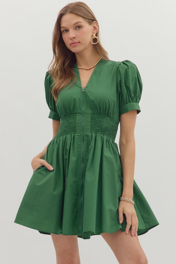 Smocked Waist Front Zip Dress | Green