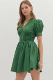 Smocked Waist Front Zip Dress | Green