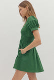 Smocked Waist Front Zip Dress | Green