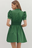 Smocked Waist Front Zip Dress | Green