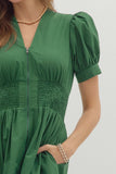 Smocked Waist Front Zip Dress | Green