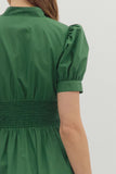 Smocked Waist Front Zip Dress | Green
