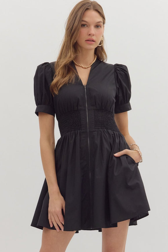 Smocked Waist Front Zip Dress | Black