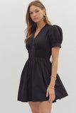 Smocked Waist Front Zip Dress | Black