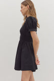 Smocked Waist Front Zip Dress | Black
