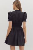 Smocked Waist Front Zip Dress | Black