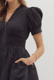 Smocked Waist Front Zip Dress | Black