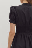 Smocked Waist Front Zip Dress | Black