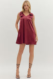 Satin Shoulder Bow Detail Dress | Burgundy