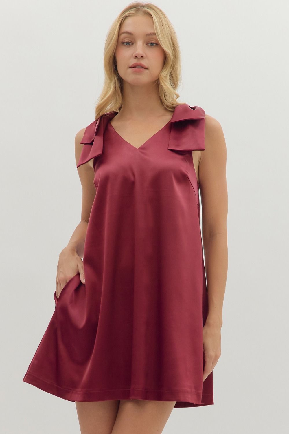 Satin Shoulder Bow Detail Dress | Burgundy