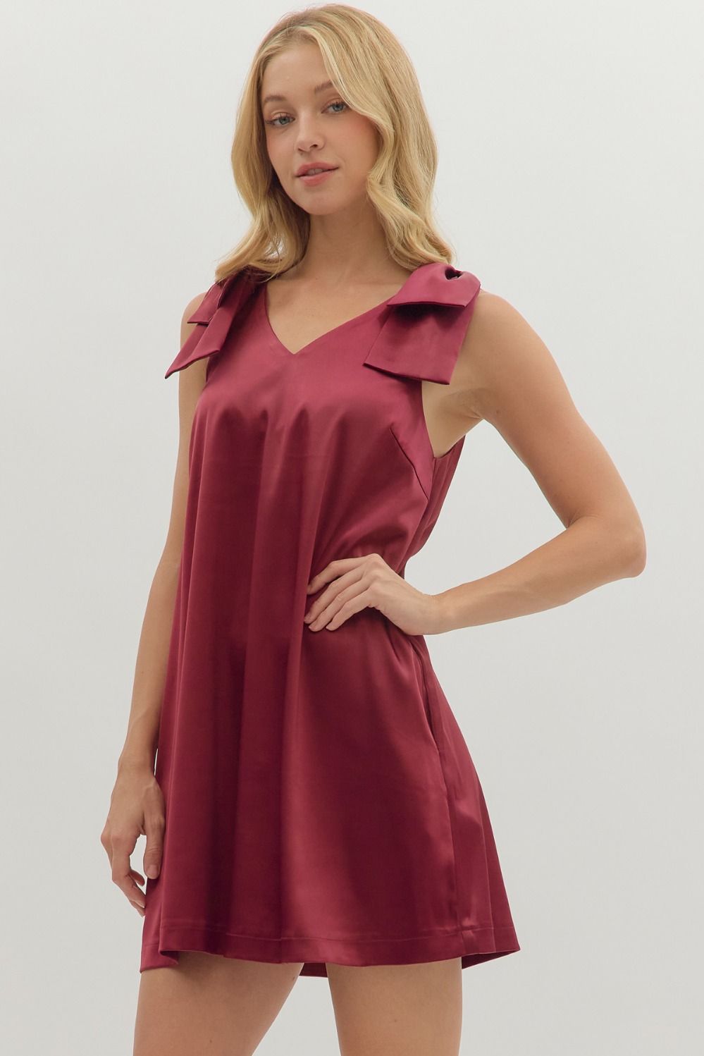 Satin Shoulder Bow Detail Dress | Burgundy