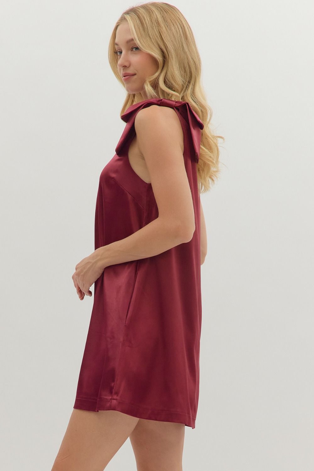 Satin Shoulder Bow Detail Dress | Burgundy