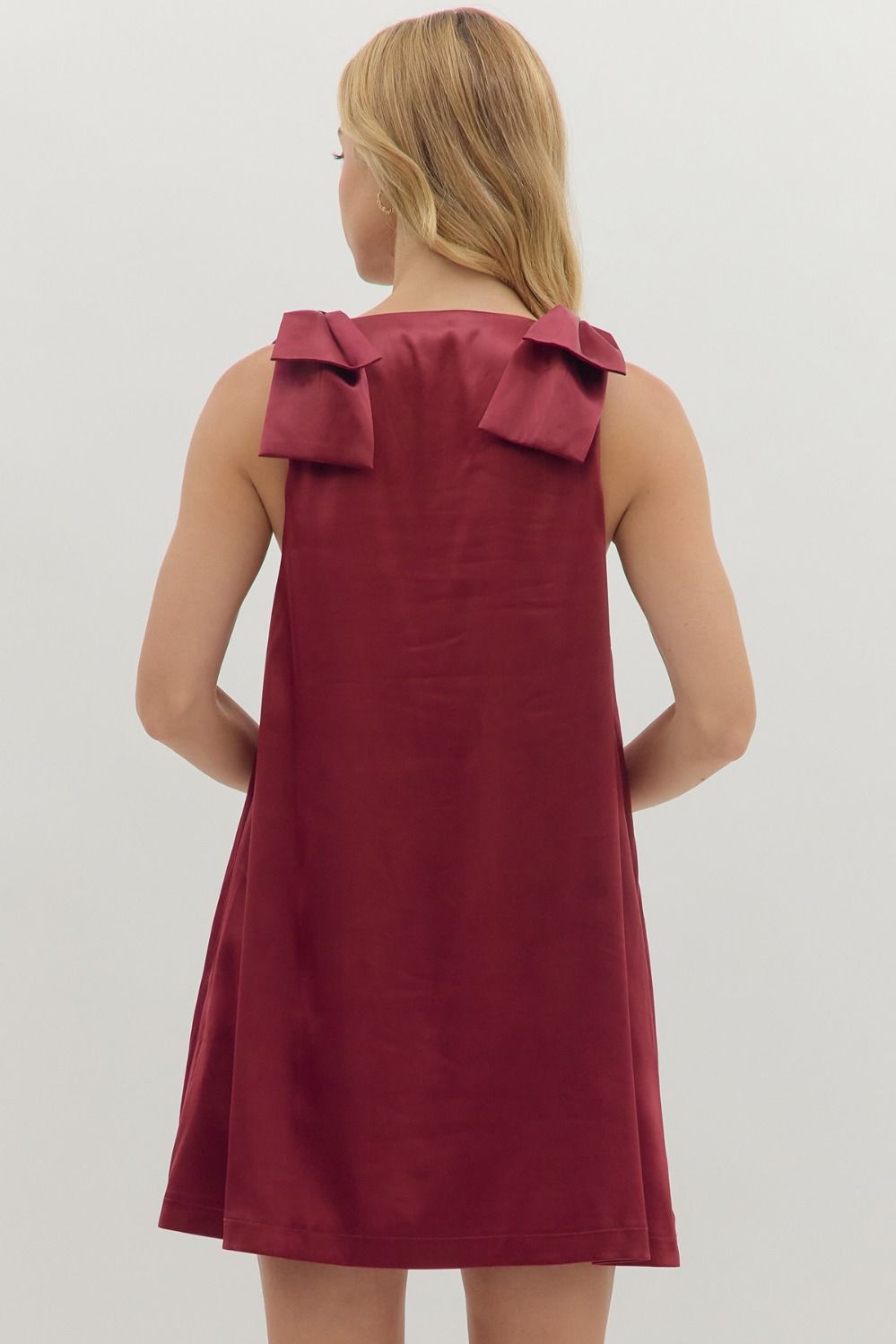 Satin Shoulder Bow Detail Dress | Burgundy