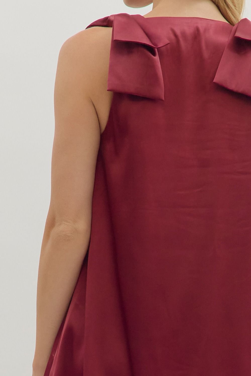 Satin Shoulder Bow Detail Dress | Burgundy