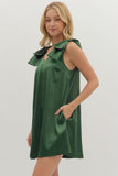 Satin Shoulder Bow Detail Dress | Hunter Green