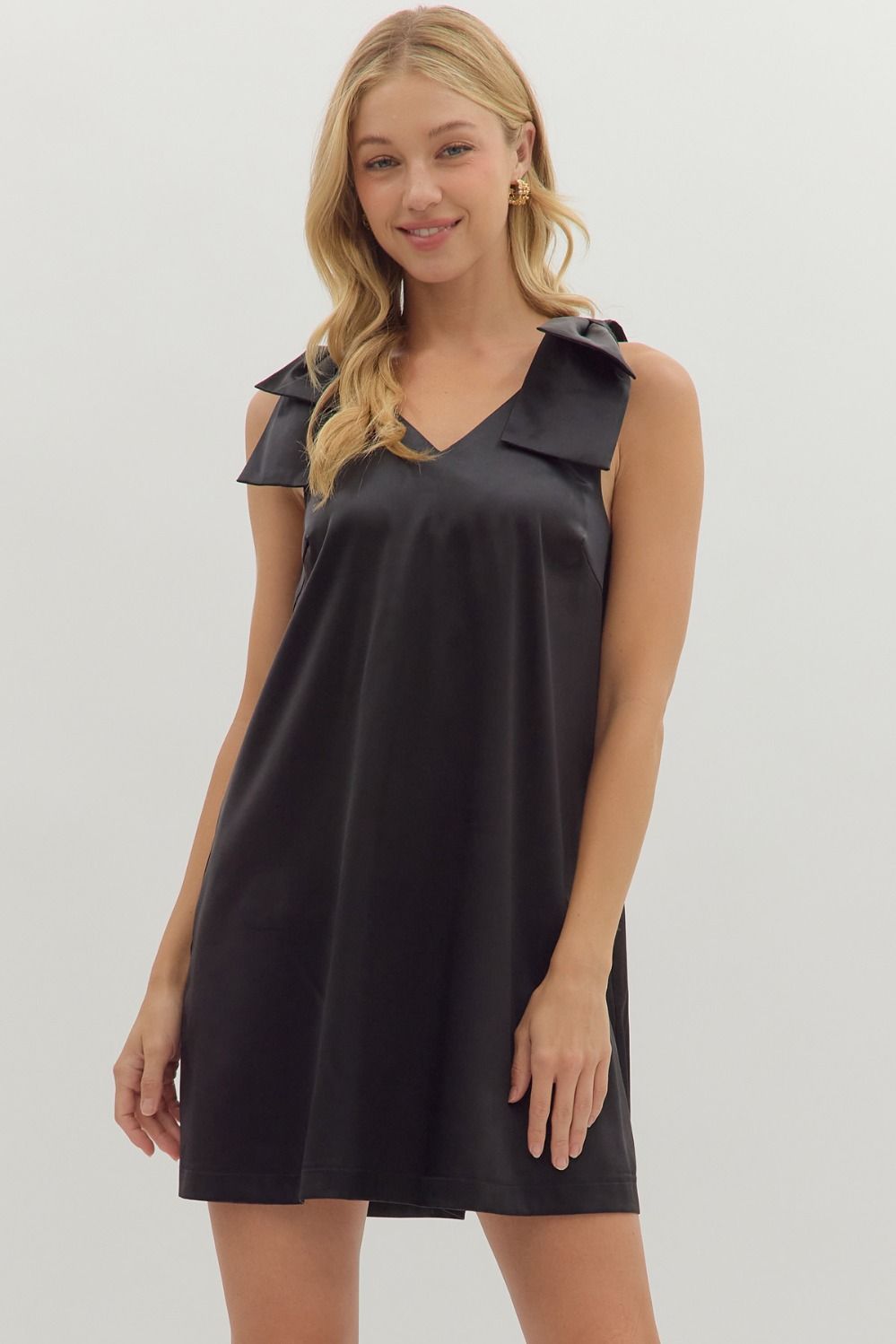 Satin Shoulder Bow Detail Dress | Black