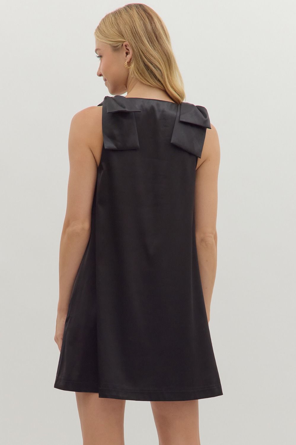 Satin Shoulder Bow Detail Dress | Black