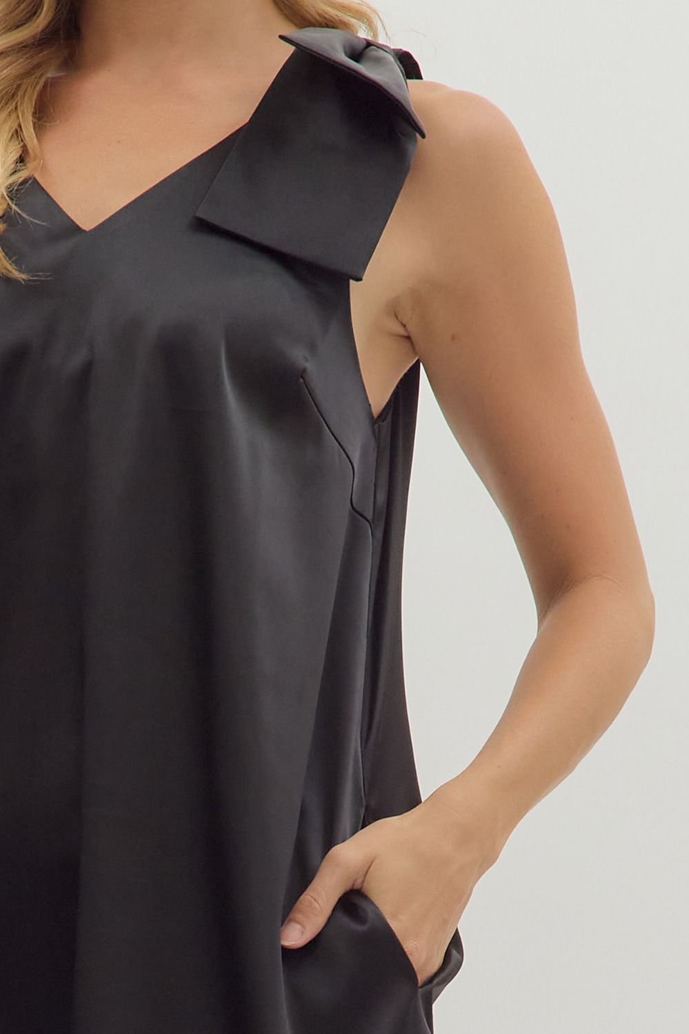 Satin Shoulder Bow Detail Dress | Black
