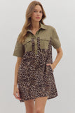 Leopard Front Pocket Button Dress | Olive