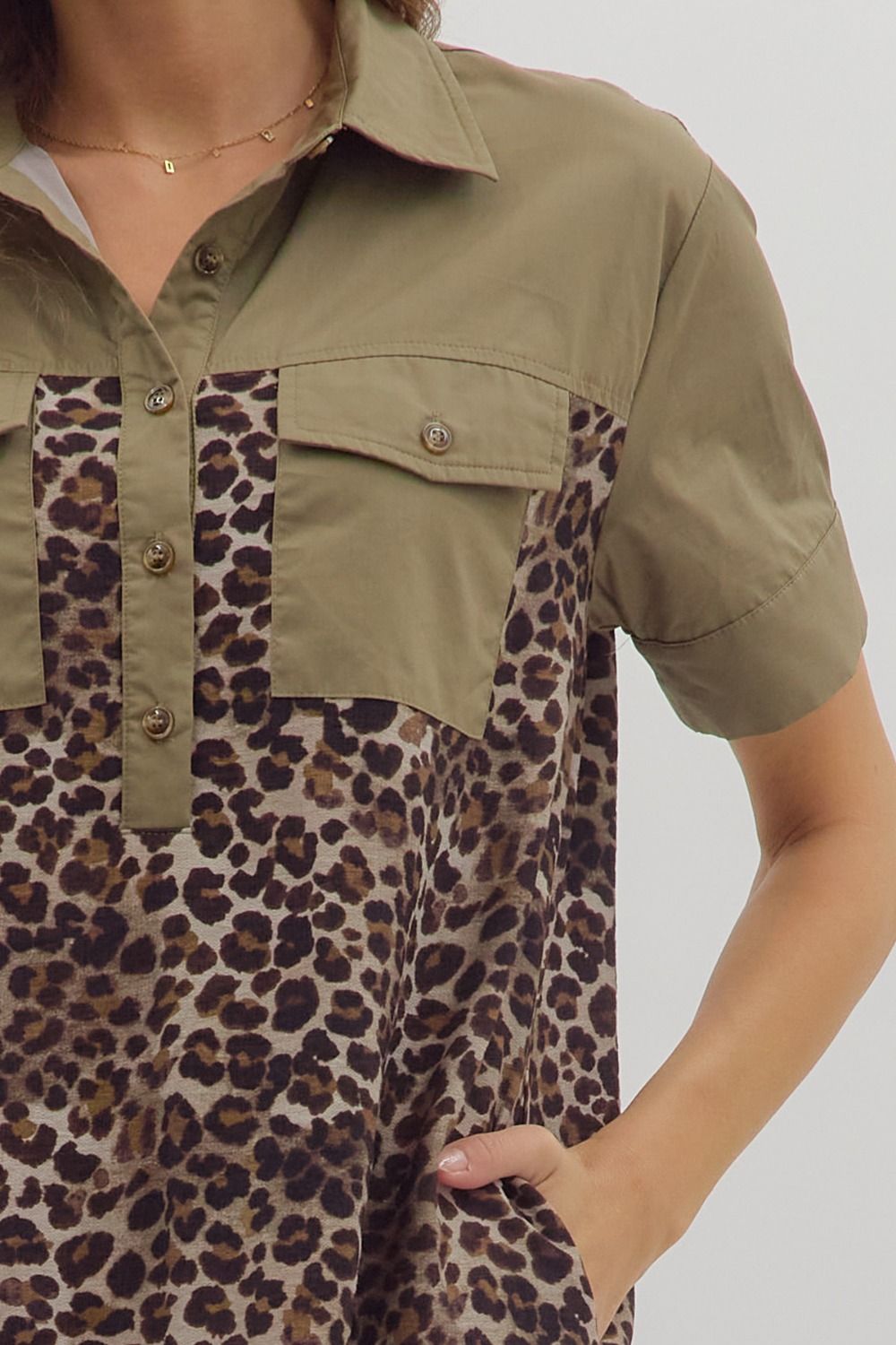 Leopard Front Pocket Button Dress | Olive